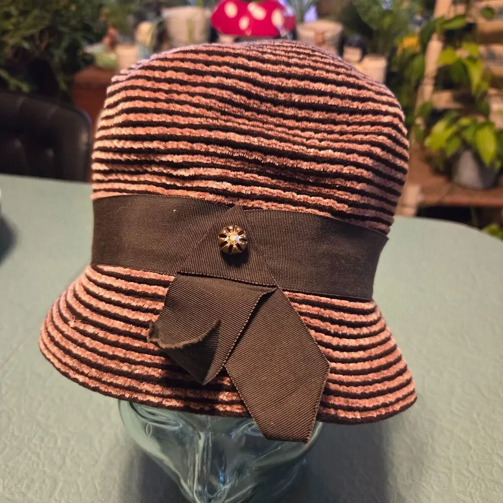Vintage 1950s Nancy Eileen Modes Fabric Bucket Cloche Hat Brown Striped Small